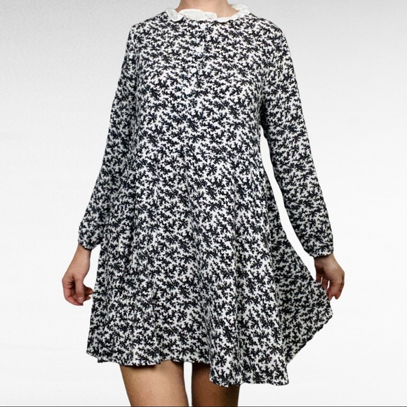 Black & White Florals Ruffled Collar Belted Preppy Retro Style Long Sleeve Dress - Picture 2 of 6